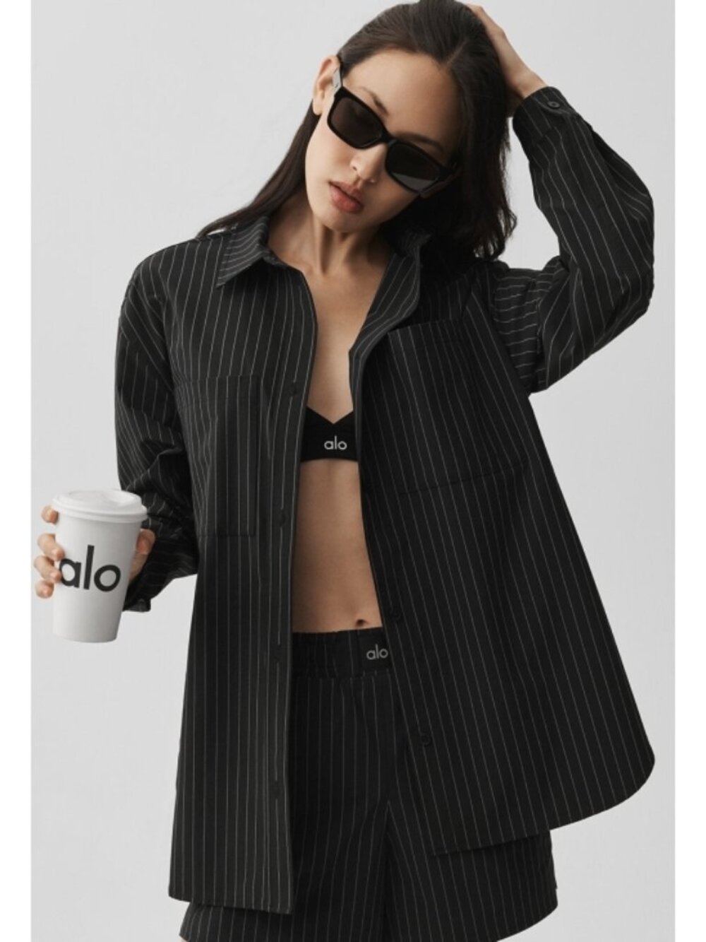 NEW Alo Pinstripe Daylight Button Down Black Titanium Striped Oversized Blouse M